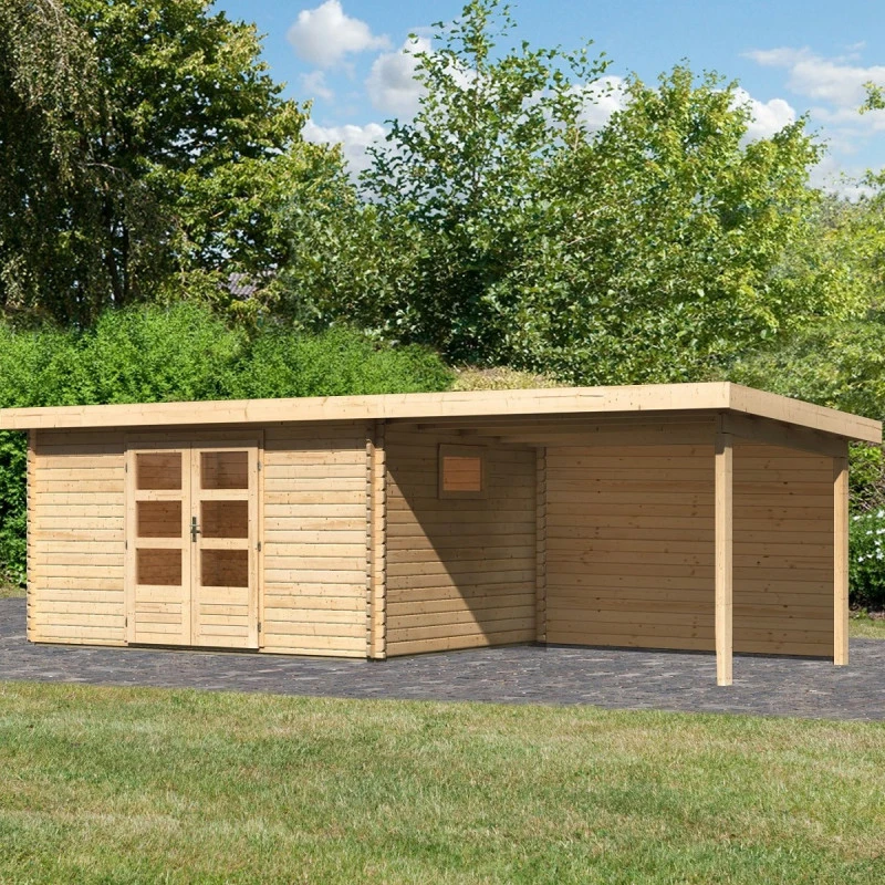 Abri De Jardin 11,49m² En Bois Massif 40mm Trittau 5 Avec Appentis 330cm Et Paroi Arrière – Karibu 3 Abri De Jardin 11,49m² En Bois Massif 40mm Trittau 5 Avec Appentis 330cm Et Paroi Arrière – Karibu