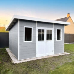 Abri De Jardin En Bois Composite 28mm Gris Clair 14,90m² PREMIUM Toit Plat - Woodlife Garden