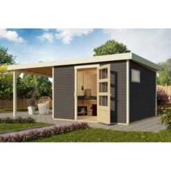 Abri De Jardin En Bois Gris Terre 9,24m² Freiburg 6 Avec Appentis De 2,40 M - Karibu