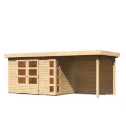 Abri De Jardin En Bois Massif 6,55m² Kerko 4 Avec Appentis 240cm Et Paroi Arrière – Karibu -Abri De Jardin abri de jardin en bois massif 655m kerko 4 avec appentis 240cm et paroi arriere woodfeeling 2