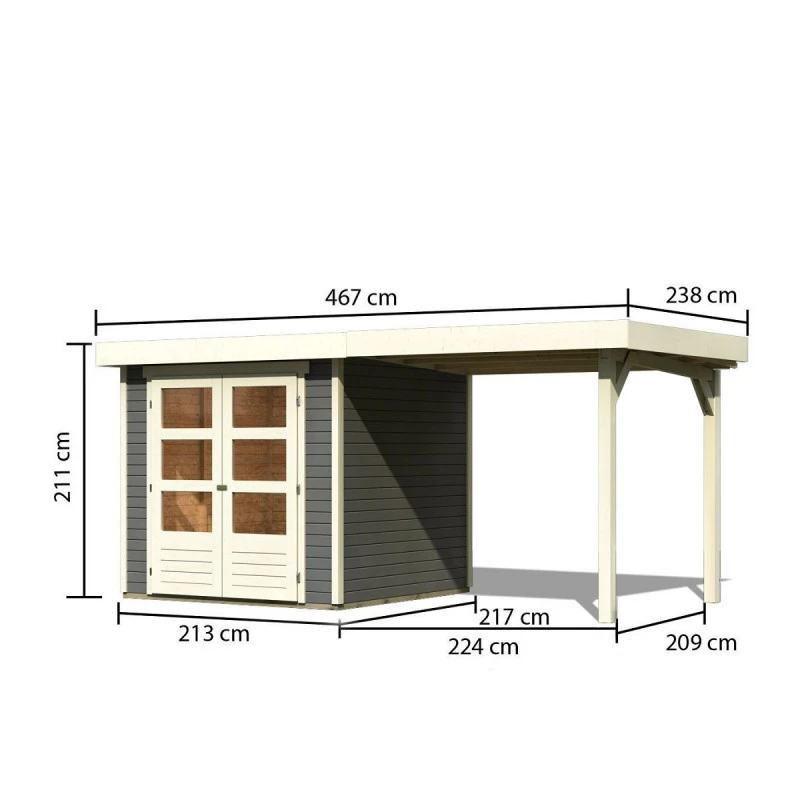 Abri De Jardin En Bois Massif Gris Terre 4,62m² Askola 2 Avec Appentis 240cm – Karibu 4 Abri De Jardin En Bois Massif Gris Terre 4,62m² Askola 2 Avec Appentis 240cm – Karibu – Image 2