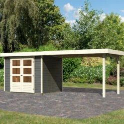 Abri De Jardin En Bois Massif Gris Terre 5,25m² Askola 3 Avec Appentis 280cm – Karibu