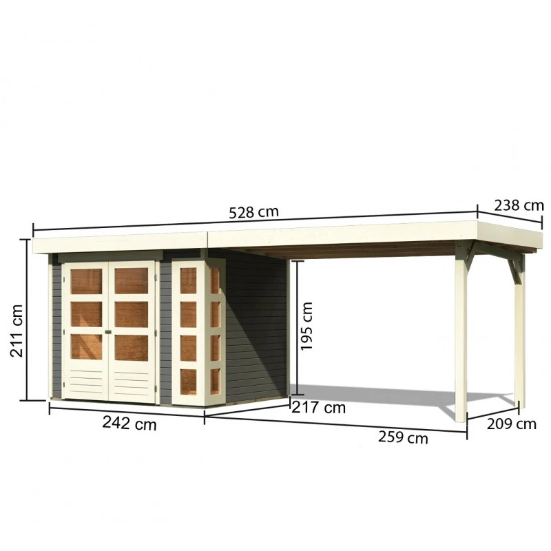 Abri De Jardin En Bois Massif Gris Terre 5,25m² Kerko 3 Avec Appentis 280cm – Karibu 4 Abri De Jardin En Bois Massif Gris Terre 5,25m² Kerko 3 Avec Appentis 280cm – Karibu – Image 2