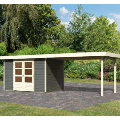 Abri De Jardin En Bois Massif Gris Terre 6,55m² Askola 4 Avec Appentis 280cm – Karibu