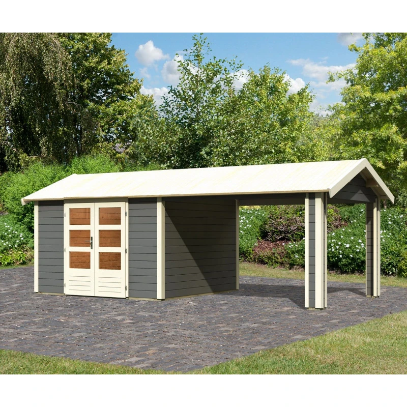 Abri De Jardin En Bois Massif Gris Terre 9,24m² Theres 7 Avec Un Auvent – Karibu 3 Abri De Jardin En Bois Massif Gris Terre 9,24m² Theres 7 Avec Un Auvent – Karibu