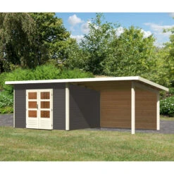 Abri Toit Plat 9,55m² Bois Massif Gris Terre 40mm Northeim 3 Avec Appentis 330cm Et Paroi Arrière – Karibu