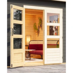 Abri Toit Plat 9,55m² Bois Massif Gris Terre 40mm Northeim 3 Avec Appentis 330cm Et Paroi Arrière – Karibu -Abri De Jardin abri toit plat 955m bois massif gris terre 40mm northeim 3 avec appentis 330cm et paroi arriere woodfeeling 4