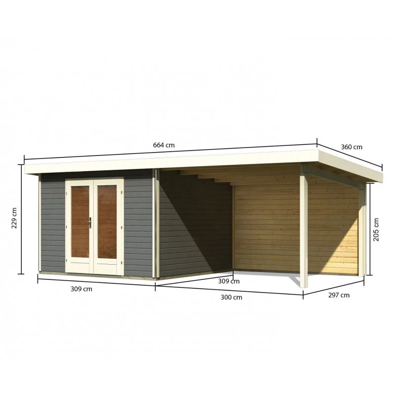 Abri Toit Plat 9,55m² Bois Massif Gris Terre 40mm Radeburg 1 Avec Appentis 330cm Et Paroi Arrière – Karibu 4 Abri Toit Plat 9,55m² Bois Massif Gris Terre 40mm Radeburg 1 Avec Appentis 330cm Et Paroi Arrière – Karibu – Image 2