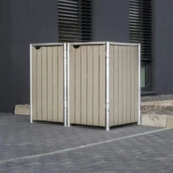 Cache-poubelle 2 Compartiments Müllbox En Bois Traité Gris 2x140L – HIDE -Abri De Jardin cache poubelle 2 compartiments mullbox en bois traite gris 2x140l hide 2