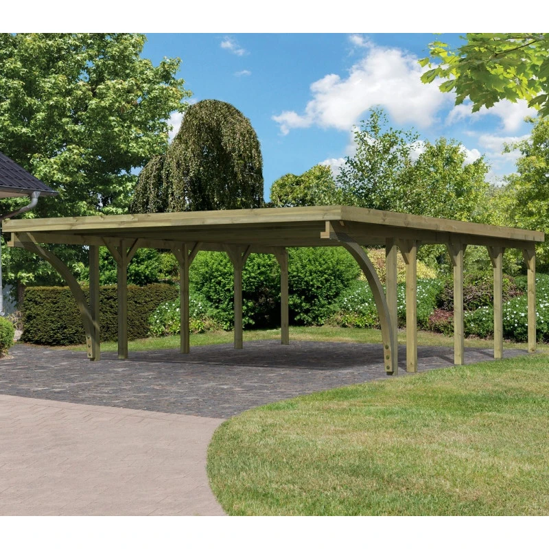 Carport Double En Bois Autoclave 50,9m², Toit En Acier Et Deux Poteaux En Arc – KARIBU 3 Carport Double En Bois Autoclave 50,9m², Toit En Acier Et Deux Poteaux En Arc – KARIBU
