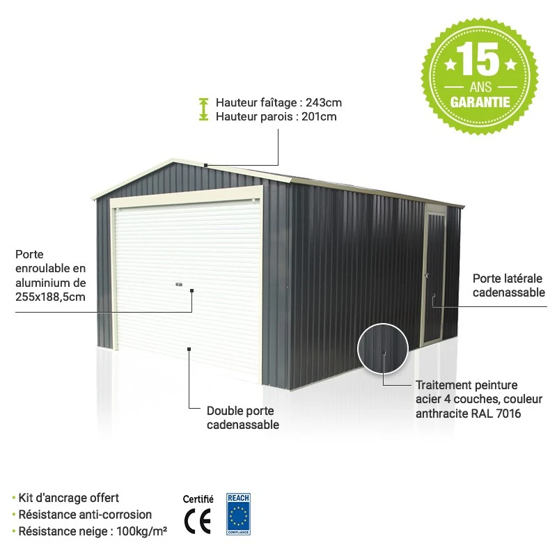 Garage Métal Anthracite 17,31m² Porte Enroulable + Kit D'ancrage X-METAL 6 Garage Métal Anthracite 17,31m² Porte Enroulable + Kit D'ancrage X-METAL – Image 4