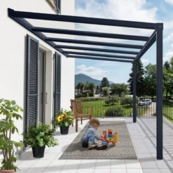 Pergola Adossée Stockholm 350x368cm Aluminium Gris Et Polycarbonate Avec Stores De Toit Rétractables – Palram - Canopia