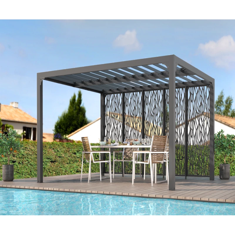 Pergola Bioclimatique Aluminium Anthracite 10,80m² Toit Avec Lames Ovales + 5 Panneaux Moucharabieh Gris Pour Côté 3,60m HABRITA 3 Pergola Bioclimatique Aluminium Anthracite 10,80m² Toit Avec Lames Ovales + 5 Panneaux Moucharabieh Gris Pour Côté 3,60m HABRITA